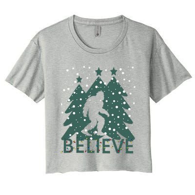 Believe In Bigfoot Christmas Lights Funny Sasquatch Women's Crop Top Tee