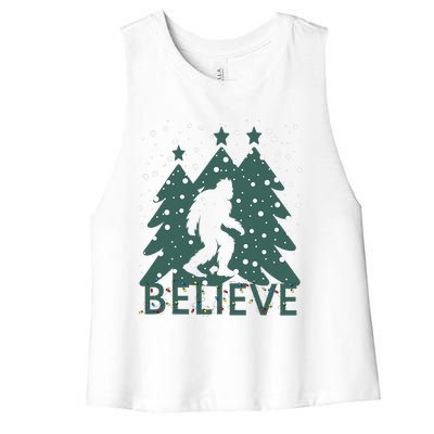 Believe In Bigfoot Christmas Lights Funny Sasquatch Women's Racerback Cropped Tank