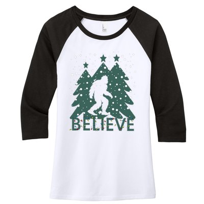 Believe In Bigfoot Christmas Lights Funny Sasquatch Women's Tri-Blend 3/4-Sleeve Raglan Shirt