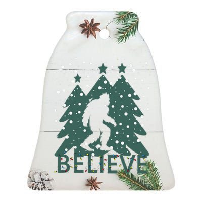 Believe In Bigfoot Christmas Lights Funny Sasquatch Ceramic Bell Ornament