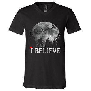 Bigfoot I Believe Sasquatch Christmas V-Neck T-Shirt