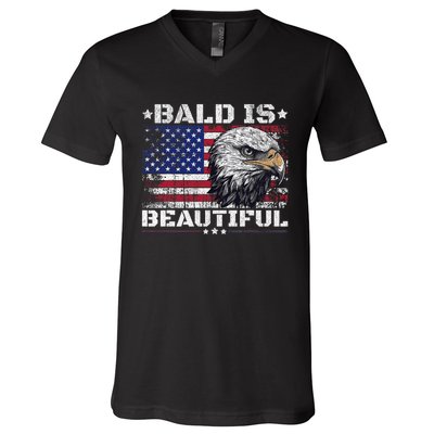 Bald Is Beautiful 4th Of July Independence Day America Eagle V-Neck T-Shirt