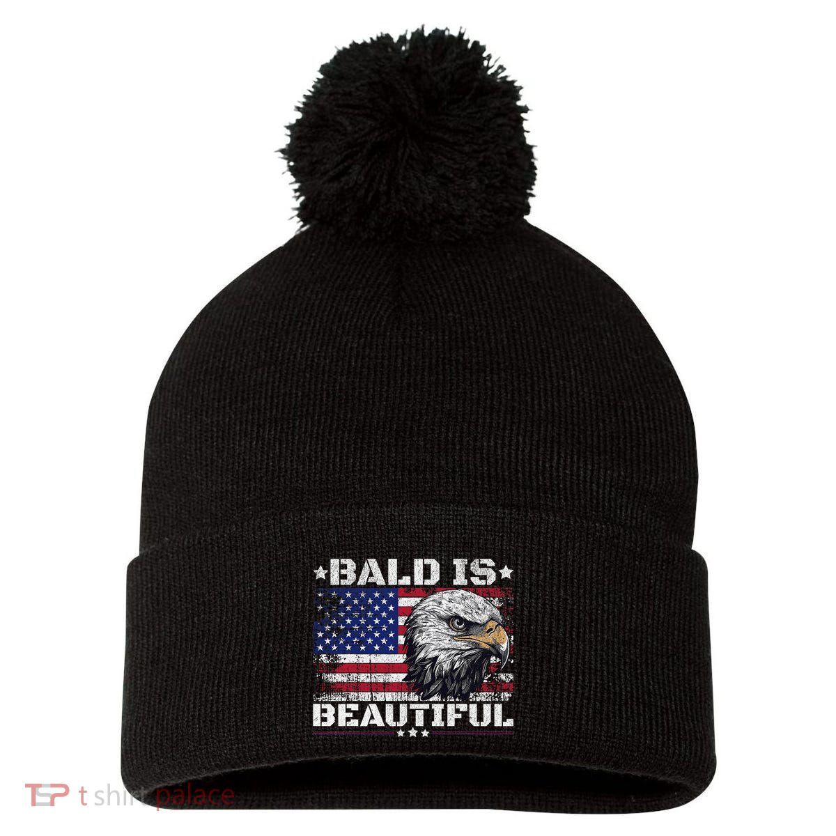 Bald Is Beautiful 4th Of July Independence Day America Eagle Pom Pom 12in Knit Beanie