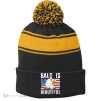 Bald Is Beautiful 4th Of July Independence Day Bald Eagle Stripe Pom Pom Beanie