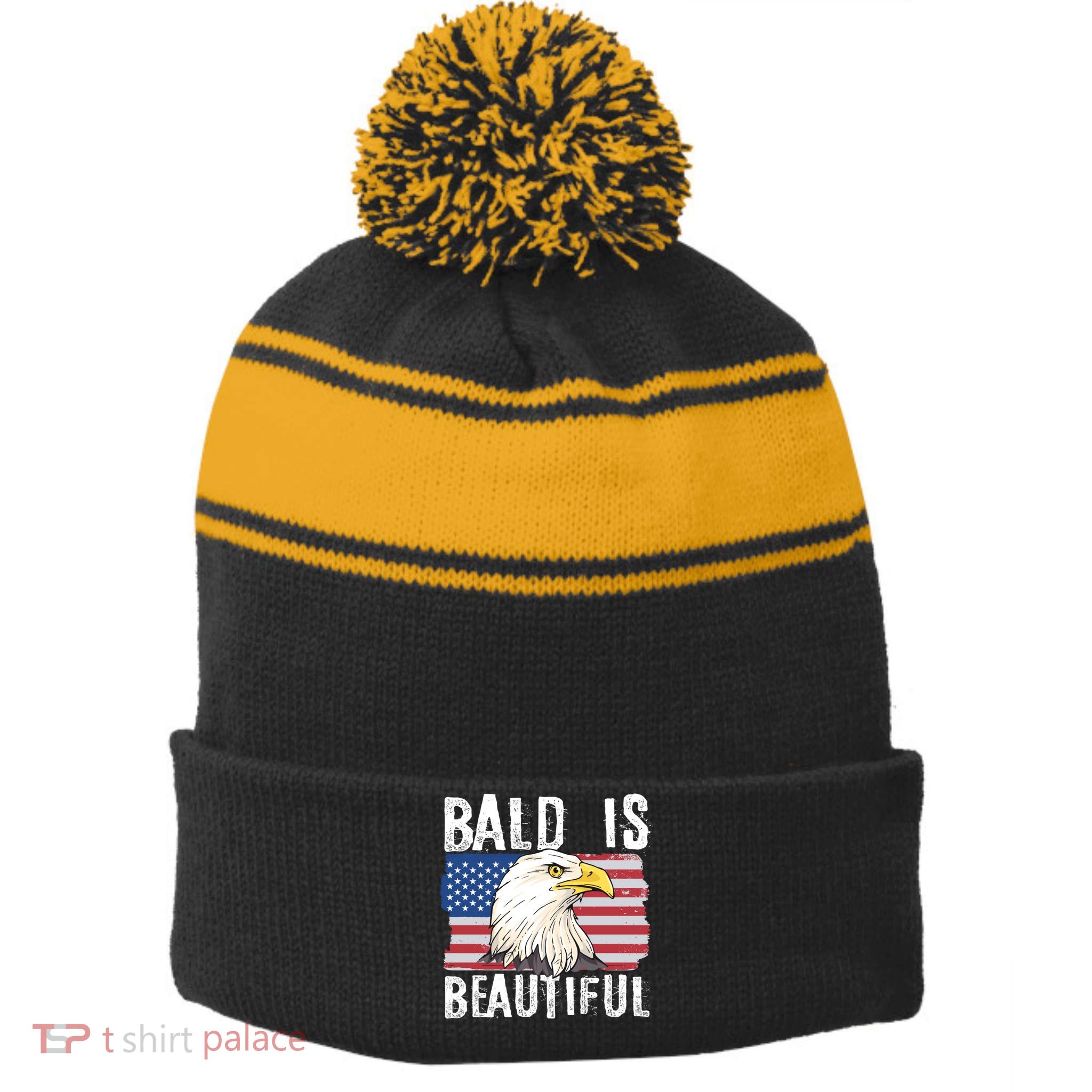 Bald Is Beautiful 4th Of July Independence Day Bald Eagle Stripe Pom Pom Beanie