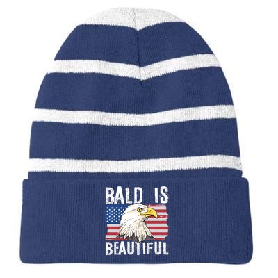 Bald Is Beautiful 4th Of July Independence Day Bald Eagle Striped Beanie with Solid Band