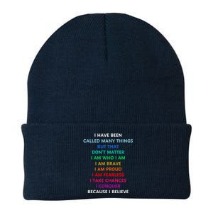 Because I Believe In Me Rainbow Mantra Knit Cap Winter Beanie