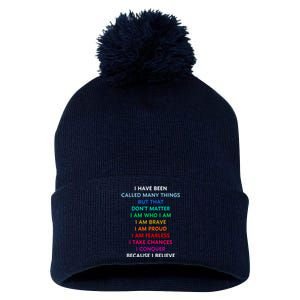 Because I Believe In Me Rainbow Mantra Pom Pom 12in Knit Beanie