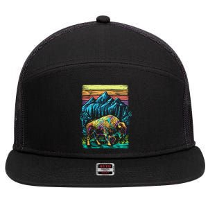 Bison Illustration 7 Panel Mesh Trucker Snapback Hat