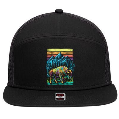 Bison Illustration 7 Panel Mesh Trucker Snapback Hat