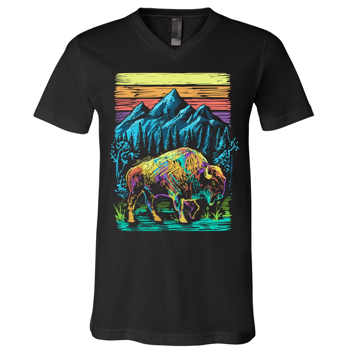 Bison Illustration V-Neck T-Shirt
