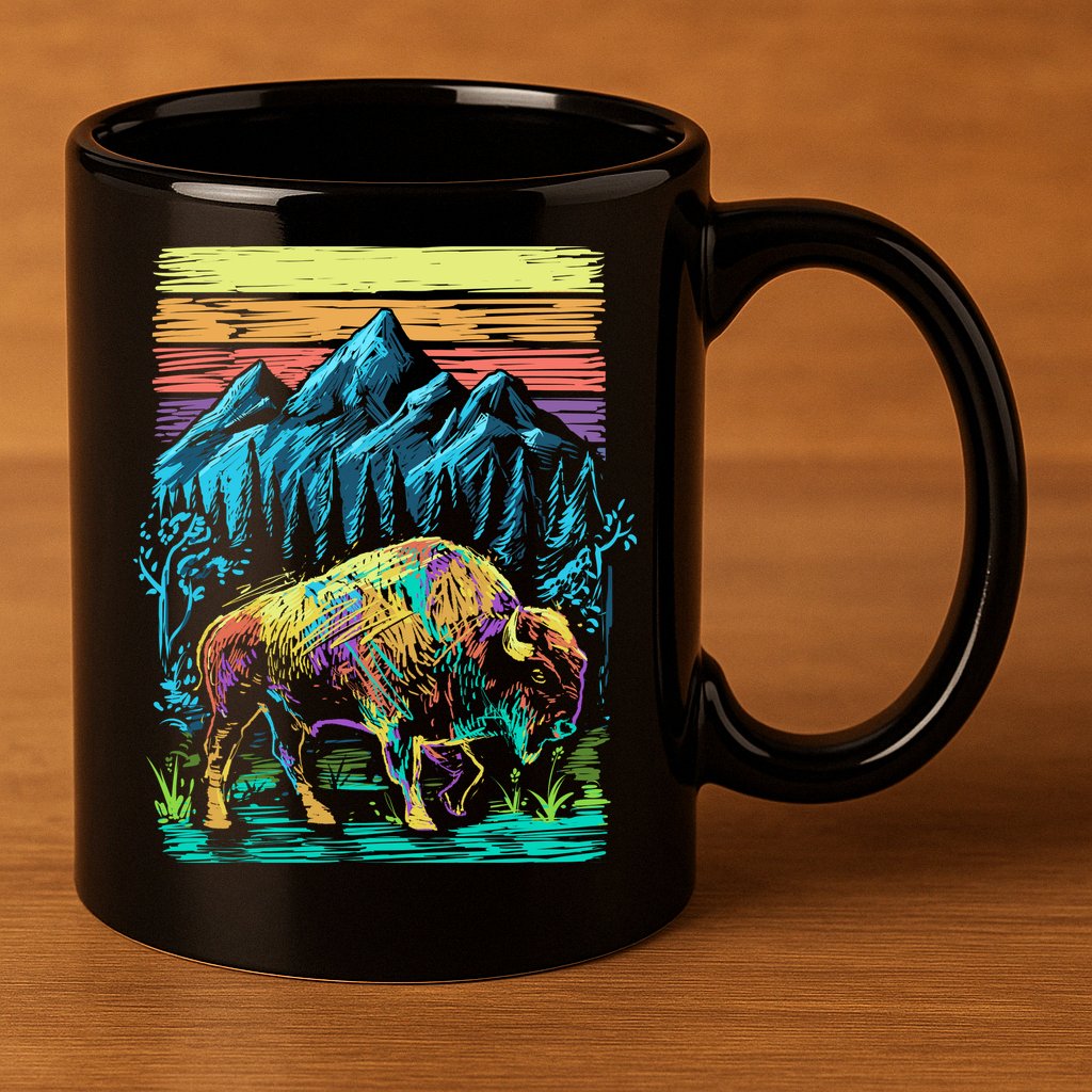 Bison Illustration 11oz C Handle Ceramic Mug