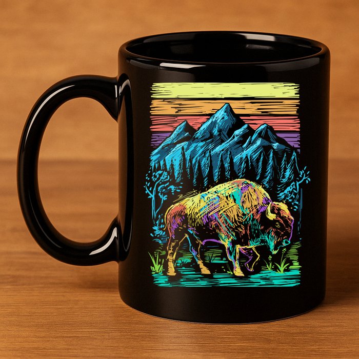 Bison Illustration 11oz C Handle Ceramic Mug