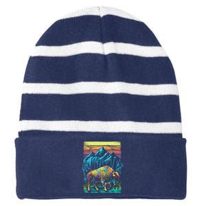 Bison Illustration Striped Beanie with Solid Band