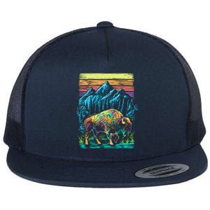 Bison Illustration Flat Bill Trucker Hat