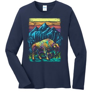 Bison Illustration Ladies Long Sleeve Shirt