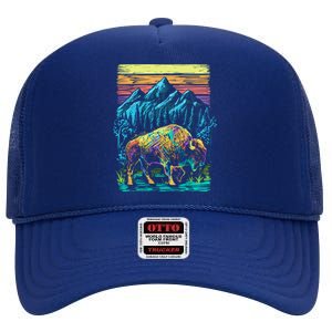 Bison Illustration High Crown Mesh Back Trucker Hat