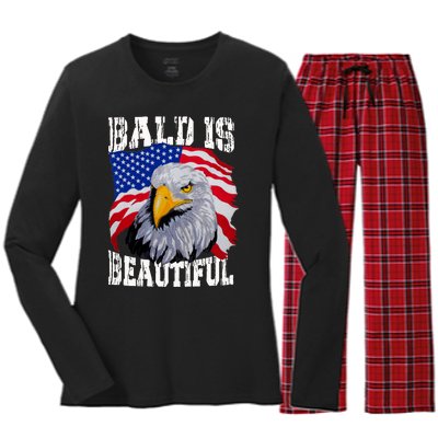 Bald Is Beautiful 4th Of July Independence Day Bald Eagle Women's Long Sleeve Flannel Pajama Set 