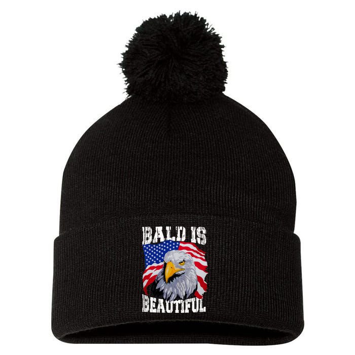 Bald Is Beautiful 4th Of July Independence Day Bald Eagle Pom Pom 12in Knit Beanie