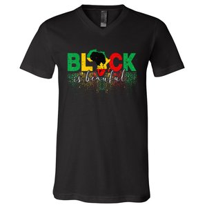 Black Is Beautiful Funny Africa Map Black History Month V-Neck T-Shirt