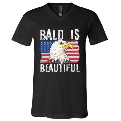 Bald Is Beautiful 4th of July Independence Day Bald Eagle V-Neck T-Shirt