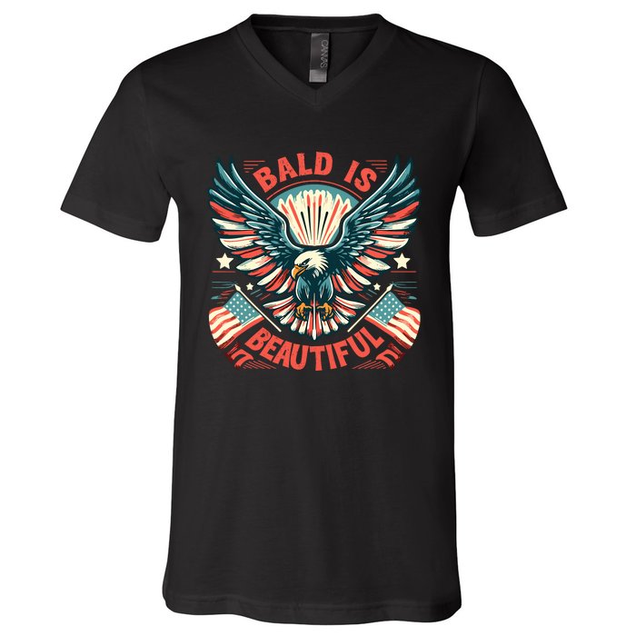 Bald Is Beautiful 4th Of July Independence Day America Eagle V-Neck T-Shirt