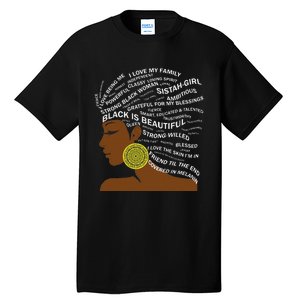 Black Is Beautiful Words In Natural Hair Afro Black Woman Tall T-Shirt