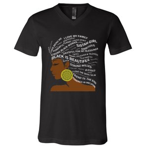 Black Is Beautiful Words In Natural Hair Afro Black Woman V-Neck T-Shirt