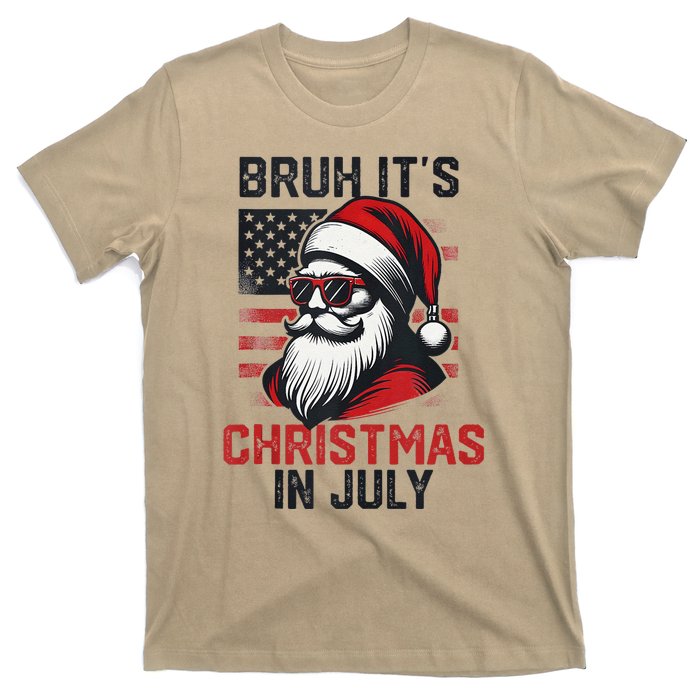 Bruh ItS Christmas In July Funny Summer Xmas American Flag T-Shirt