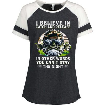 Believe In Catch Release CanT Stay The Night Fishing Gifts Enza Ladies Jersey Colorblock Tee