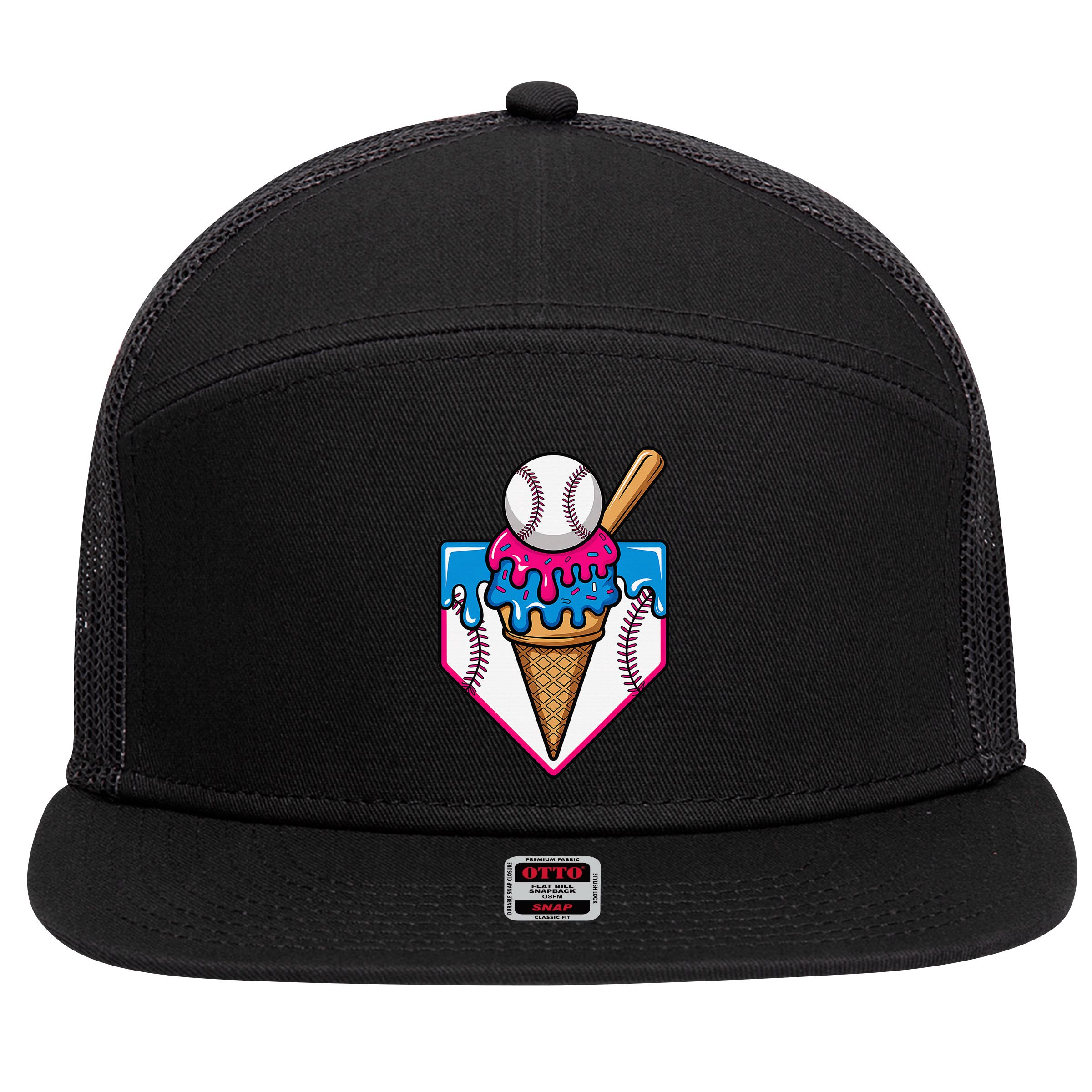 Baseball Ice Cream Dripping Drip 7 Panel Mesh Trucker Snapback Hat