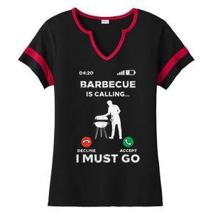 Barbecue Is Calling I Must Go Funny Bbq Grill Ladies Halftime Notch Neck Tee