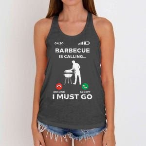 Barbecue Is Calling I Must Go Funny Bbq Grill Women's Knotted Racerback Tank