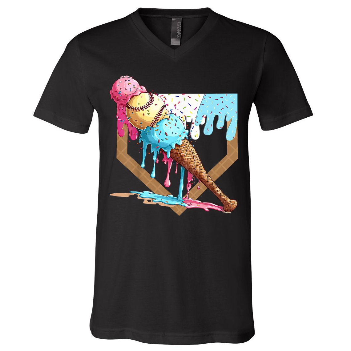 Baseball Ice Cream Dripping Baseball Home Plate Drip V-Neck T-Shirt
