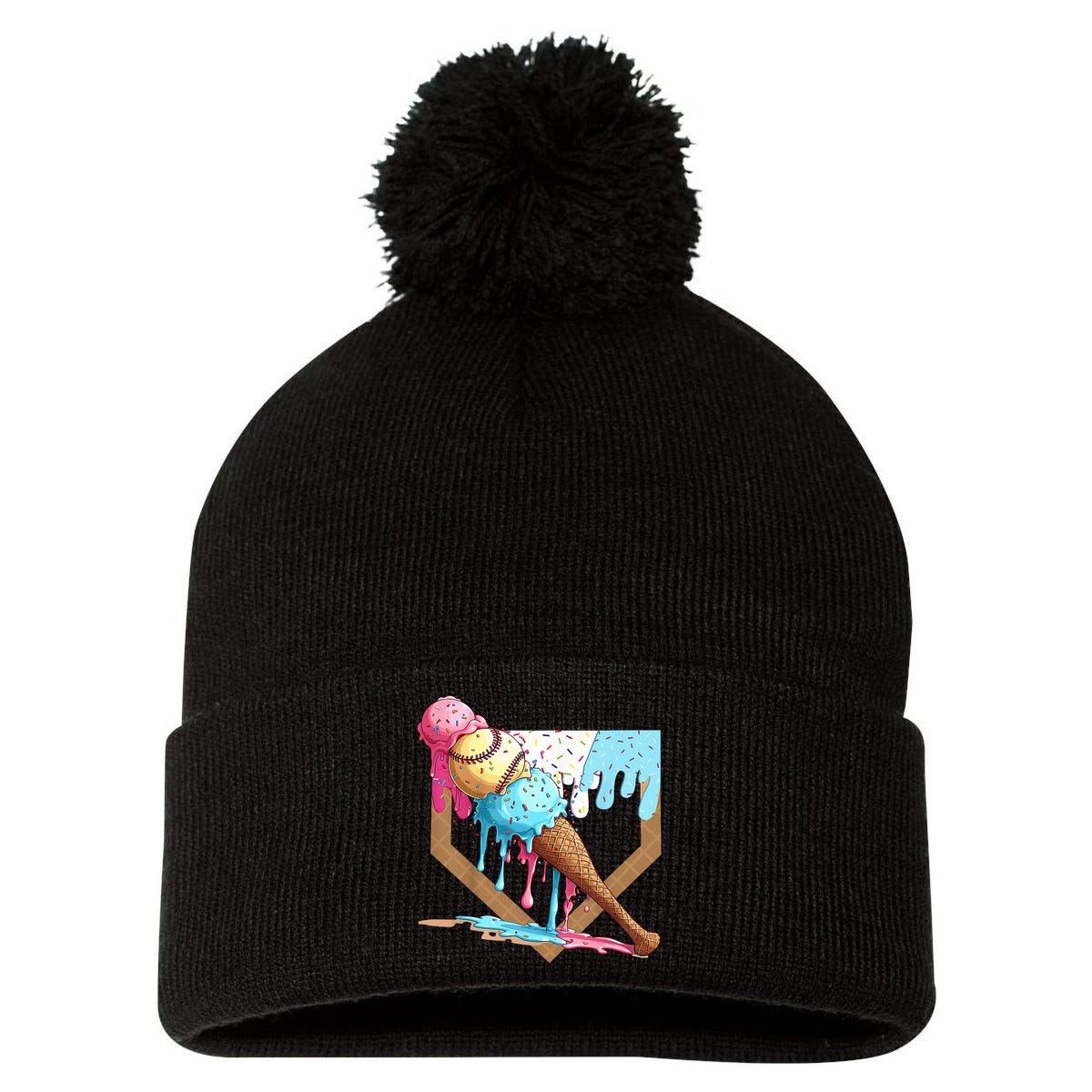 Baseball Ice Cream Dripping Baseball Home Plate Drip Pom Pom 12in Knit Beanie