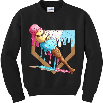 Baseball Ice Cream Dripping Baseball Home Plate Drip Kids Sweatshirt