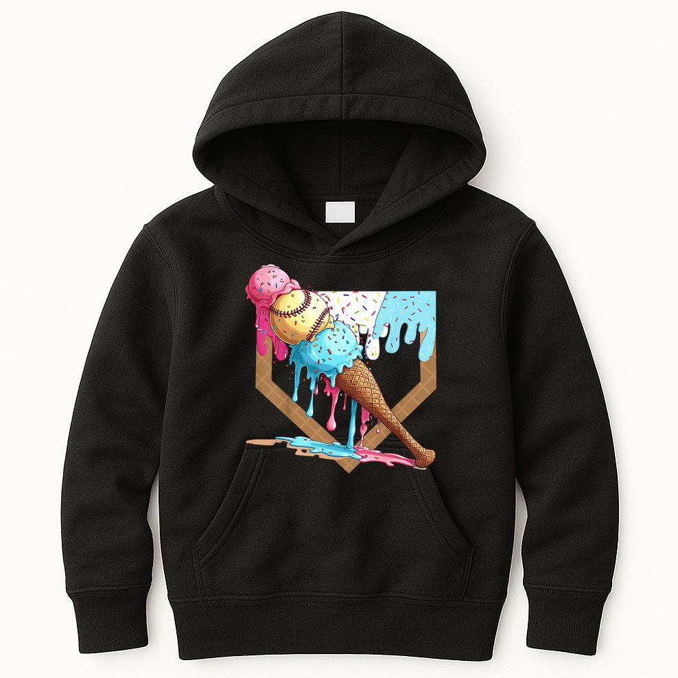 Baseball Ice Cream Dripping Baseball Home Plate Drip Kids Hoodie