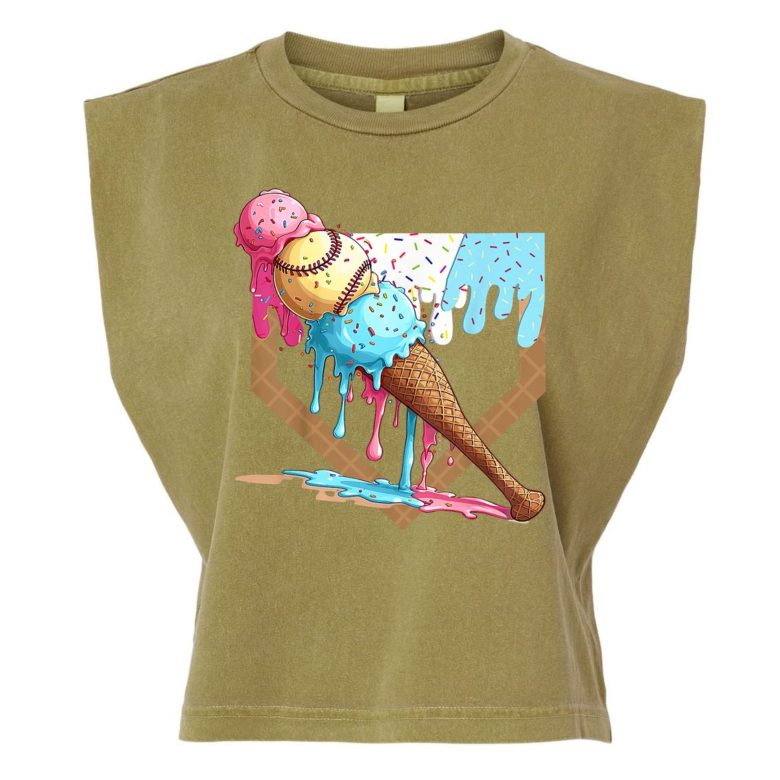 Baseball Ice Cream Dripping Baseball Home Plate Drip Garment-Dyed Women's Muscle Tee
