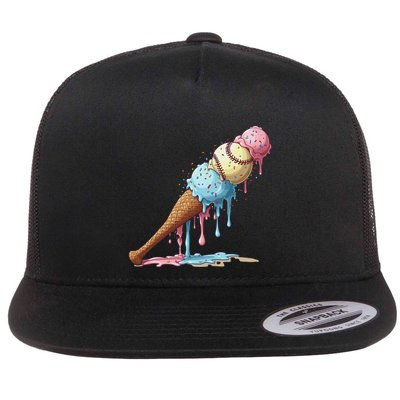 Baseball Ice Cream Watercolor Lover Ice Cream Cone Boy Flat Bill Trucker Hat