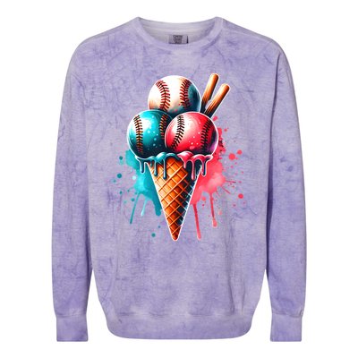 Baseball Ice Cream Watercolor Sports Lover Ice Cream Cone Colorblast Crewneck Sweatshirt