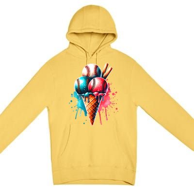 Baseball Ice Cream Watercolor Sports Lover Ice Cream Cone Premium Pullover Hoodie