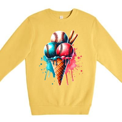 Baseball Ice Cream Watercolor Sports Lover Ice Cream Cone Premium Crewneck Sweatshirt