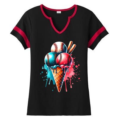 Baseball Ice Cream Watercolor Sports Lover Ice Cream Cone Ladies Halftime Notch Neck Tee