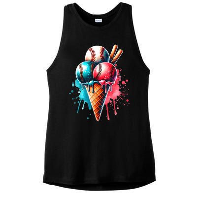 Baseball Ice Cream Watercolor Sports Lover Ice Cream Cone Ladies PosiCharge Tri-Blend Wicking Tank