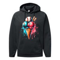 Baseball Ice Cream Watercolor Sports Lover Ice Cream Cone Performance Fleece Hoodie