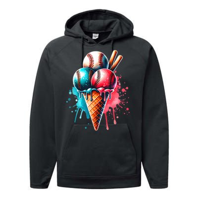 Baseball Ice Cream Watercolor Sports Lover Ice Cream Cone Performance Fleece Hoodie