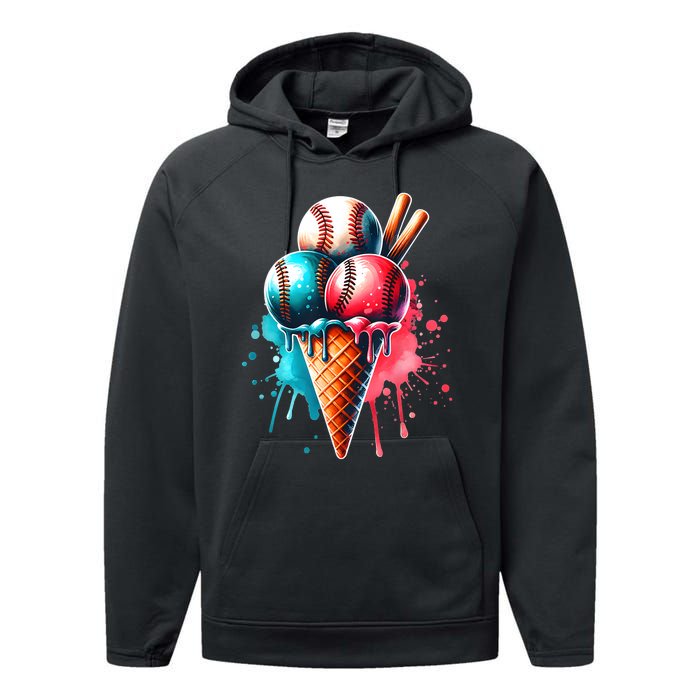 Baseball Ice Cream Watercolor Sports Lover Ice Cream Cone Performance Fleece Hoodie