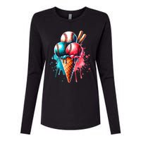 Baseball Ice Cream Watercolor Sports Lover Ice Cream Cone Womens Cotton Relaxed Long Sleeve T-Shirt