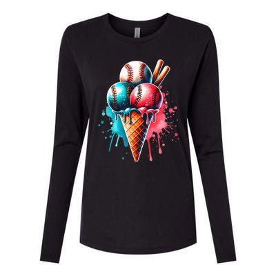 Baseball Ice Cream Watercolor Sports Lover Ice Cream Cone Womens Cotton Relaxed Long Sleeve T-Shirt