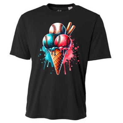 Baseball Ice Cream Watercolor Sports Lover Ice Cream Cone Cooling Performance Crew T-Shirt